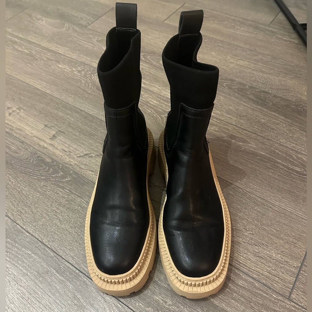 Mango Black Leather Ankle Boots with Tan Platform Sole